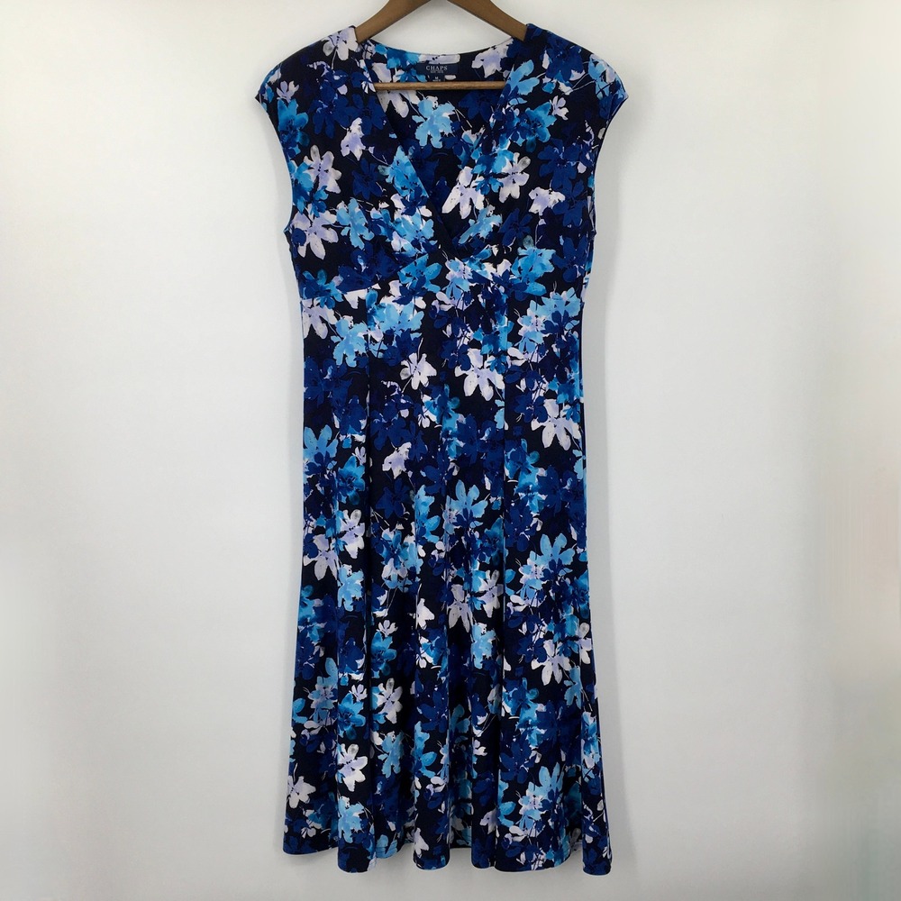 Chaps Floral Sleeveless Surplice V-Neck Dress Womens M Blue Garden Party Classic